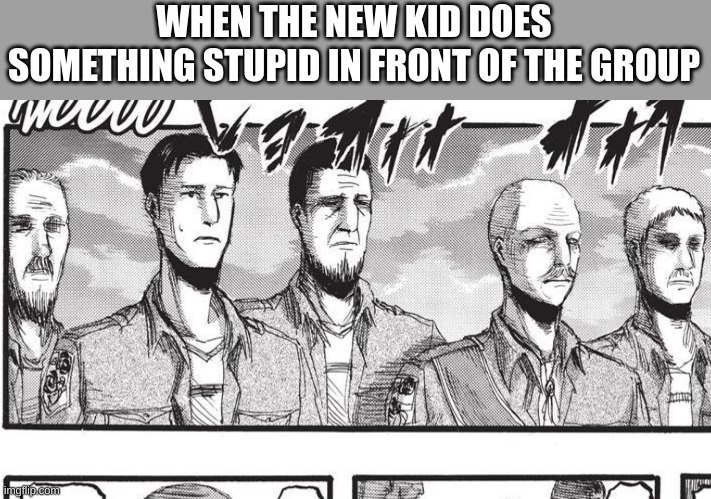 WHEN THE NEW KID DOES SOMETHING STUPID IN FRONT OF THE GROUP | image tagged in attack on titans | made w/ Imgflip meme maker