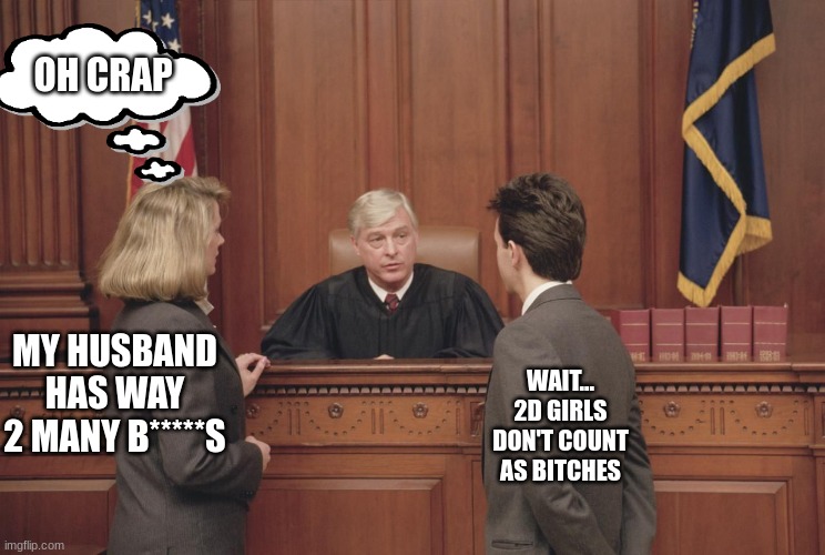 courtroom | OH CRAP; MY HUSBAND HAS WAY 2 MANY B*****S; WAIT... 2D GIRLS DON'T COUNT AS BITCHES | image tagged in courtroom,bitches | made w/ Imgflip meme maker