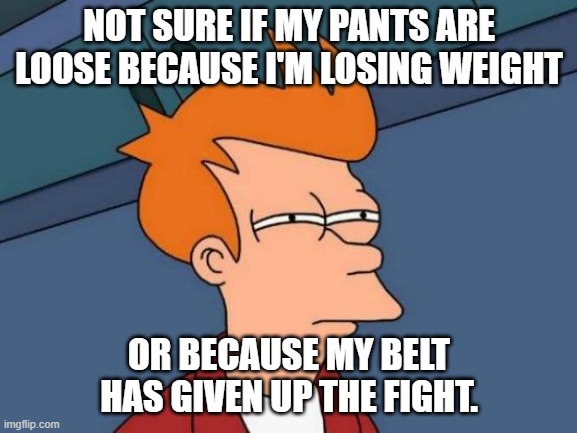 Loose Pants | NOT SURE IF MY PANTS ARE LOOSE BECAUSE I'M LOSING WEIGHT; OR BECAUSE MY BELT HAS GIVEN UP THE FIGHT. | image tagged in memes,futurama fry | made w/ Imgflip meme maker