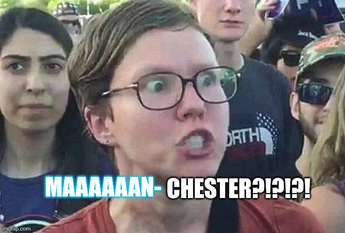 Triggered Liberal | CHESTER?!?!?! MAAAAAAN- | image tagged in triggered liberal | made w/ Imgflip meme maker