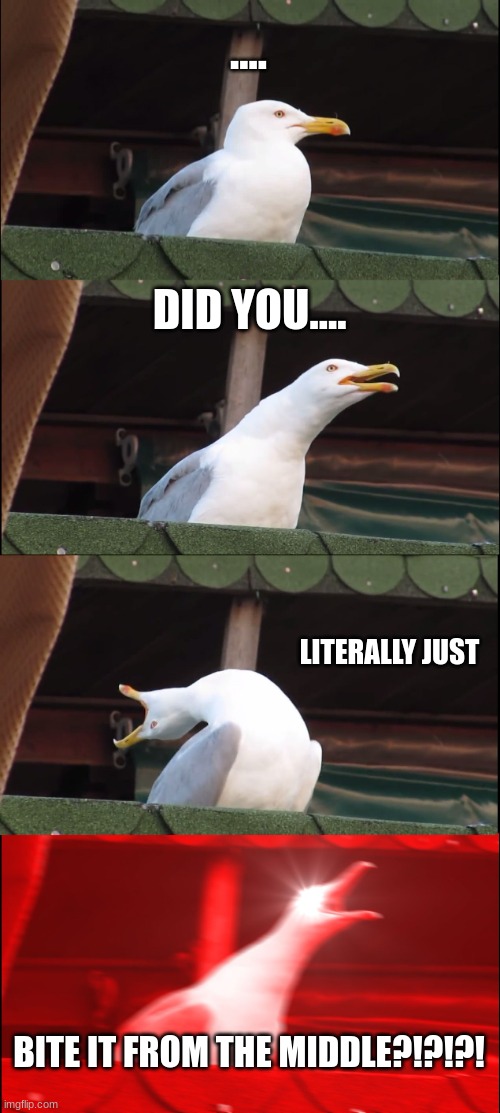 Inhaling Seagull | .... DID YOU.... LITERALLY JUST; BITE IT FROM THE MIDDLE?!?!?! | image tagged in memes,inhaling seagull | made w/ Imgflip meme maker