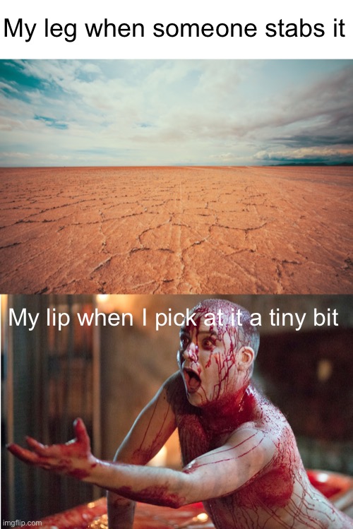 Meme #636 | My leg when someone stabs it; My lip when I pick at it a tiny bit | image tagged in bloody,relatable,annoying,lips,legs,so true memes | made w/ Imgflip meme maker