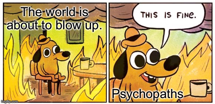 This Is Fine | The world is about to blow up. Psychopaths | image tagged in memes,this is fine | made w/ Imgflip meme maker