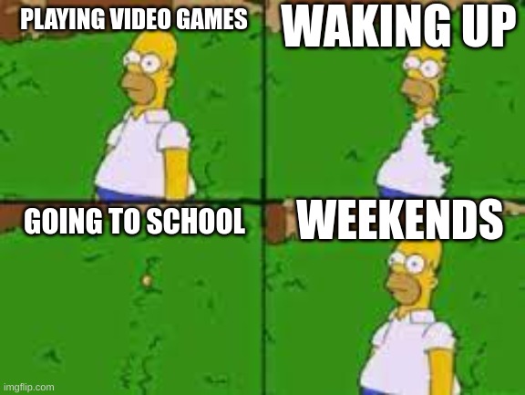 Homer | WAKING UP; PLAYING VIDEO GAMES; WEEKENDS; GOING TO SCHOOL | image tagged in hide then show | made w/ Imgflip meme maker