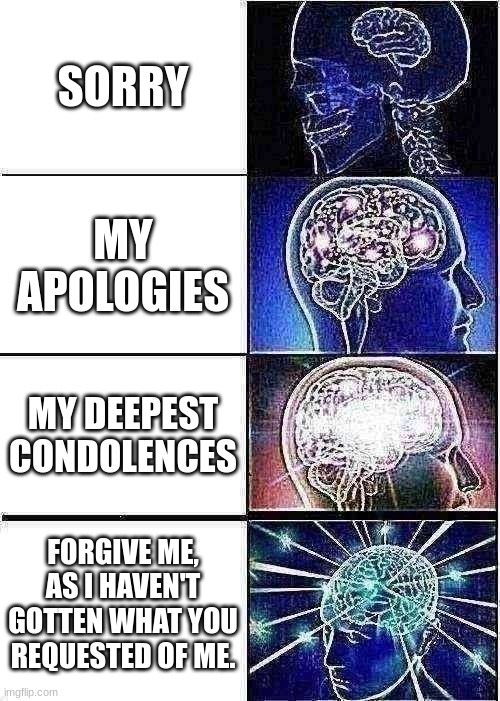 Sorry | SORRY; MY APOLOGIES; MY DEEPEST CONDOLENCES; FORGIVE ME, AS I HAVEN'T GOTTEN WHAT YOU REQUESTED OF ME. | image tagged in memes,expanding brain | made w/ Imgflip meme maker