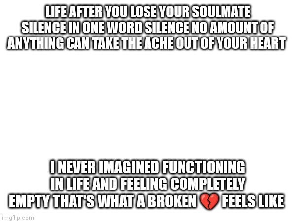 Losing a Soulmate | LIFE AFTER YOU LOSE YOUR SOULMATE SILENCE IN ONE WORD SILENCE NO AMOUNT OF ANYTHING CAN TAKE THE ACHE OUT OF YOUR HEART; I NEVER IMAGINED FUNCTIONING IN LIFE AND FEELING COMPLETELY EMPTY THAT'S WHAT A BROKEN 💔 FEELS LIKE | image tagged in the scroll of truth | made w/ Imgflip meme maker