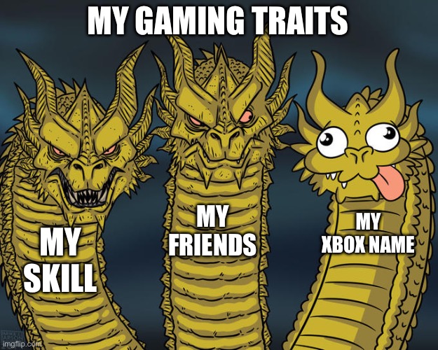 Three-headed Dragon | MY GAMING TRAITS; MY FRIENDS; MY XBOX NAME; MY SKILL | image tagged in three-headed dragon | made w/ Imgflip meme maker
