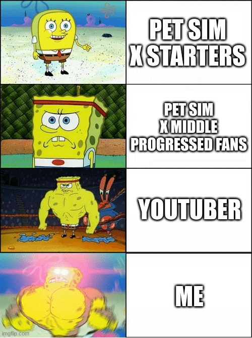how much progress pet sim x fans have | PET SIM X STARTERS; PET SIM X MIDDLE PROGRESSED FANS; YOUTUBER; ME | image tagged in sponge finna commit muder | made w/ Imgflip meme maker