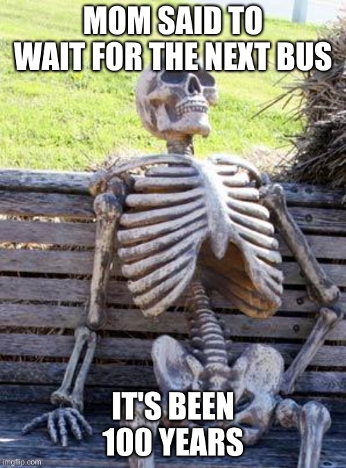 Waiting Skeleton | MOM SAID TO WAIT FOR THE NEXT BUS; IT'S BEEN 100 YEARS | image tagged in memes,waiting skeleton | made w/ Imgflip meme maker