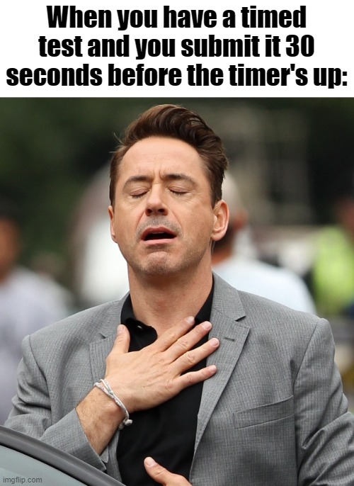 I hate timed tests | When you have a timed test and you submit it 30 seconds before the timer's up: | image tagged in relieved rdj,timed test,memes | made w/ Imgflip meme maker
