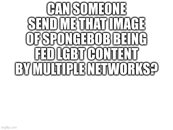 CAN SOMEONE SEND ME THAT IMAGE OF SPONGEBOB BEING FED LGBT CONTENT BY MULTIPLE NETWORKS? | made w/ Imgflip meme maker