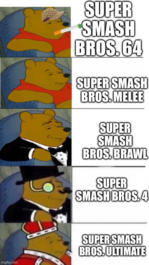 Definitely in terms of character rosters | SUPER SMASH BROS. 64; SUPER SMASH BROS. MELEE; SUPER SMASH BROS. BRAWL; SUPER SMASH BROS. 4; SUPER SMASH BROS. ULTIMATE | image tagged in winnie the pooh 5x template,funny,memes,funny memes | made w/ Imgflip meme maker