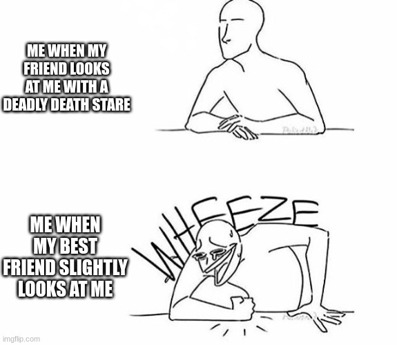 This might just be me, I'm not sure | ME WHEN MY FRIEND LOOKS AT ME WITH A DEADLY DEATH STARE; ME WHEN MY BEST FRIEND SLIGHTLY LOOKS AT ME | image tagged in wheeze,bro wtfridge is happing,wait what | made w/ Imgflip meme maker
