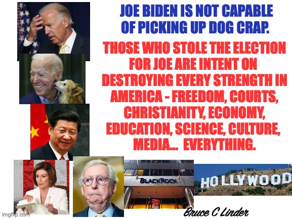 Look Behind the Curtain | JOE BIDEN IS NOT CAPABLE OF PICKING UP DOG CRAP. THOSE WHO STOLE THE ELECTION
FOR JOE ARE INTENT ON 
DESTROYING EVERY STRENGTH IN
AMERICA - FREEDOM, COURTS,
CHRISTIANITY, ECONOMY,
EDUCATION, SCIENCE, CULTURE, 
MEDIA...  EVERYTHING. Bruce C Linder | image tagged in joe biden,xi jinping,nancy pelosi,mitch mcconnell,hollywood,blackrock | made w/ Imgflip meme maker