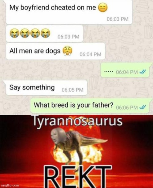 Got Her | image tagged in tyrannosaurus rekt,dogs | made w/ Imgflip meme maker