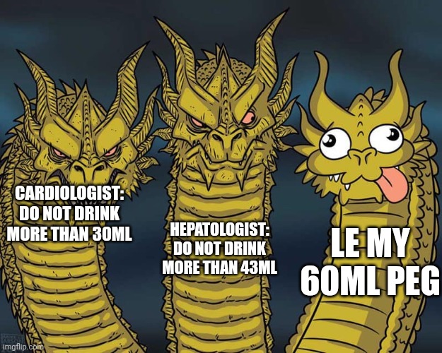 Three dragons | HEPATOLOGIST: DO NOT DRINK MORE THAN 43ML; CARDIOLOGIST: DO NOT DRINK MORE THAN 30ML; LE MY 60ML PEG | image tagged in three dragons | made w/ Imgflip meme maker