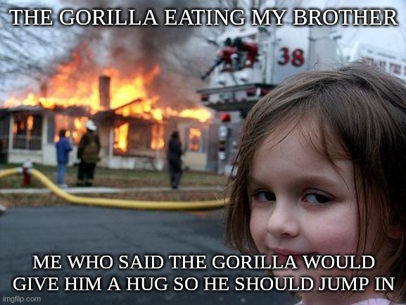 based on true story | THE GORILLA EATING MY BROTHER; ME WHO SAID THE GORILLA WOULD GIVE HIM A HUG SO HE SHOULD JUMP IN | image tagged in memes,disaster girl,ahhhhhhhhhhhhh,ahhhhh | made w/ Imgflip meme maker