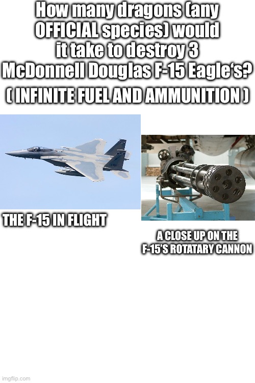 Seriously, I wanna hear your guy’s estimates. | How many dragons (any OFFICIAL species) would it take to destroy 3 McDonnell Douglas F-15 Eagle‘s? ( INFINITE FUEL AND AMMUNITION ); THE F-15 IN FLIGHT; A CLOSE UP ON THE F-15’S ROTATARY CANNON | image tagged in blank white template,wings of fire,wof,question | made w/ Imgflip meme maker