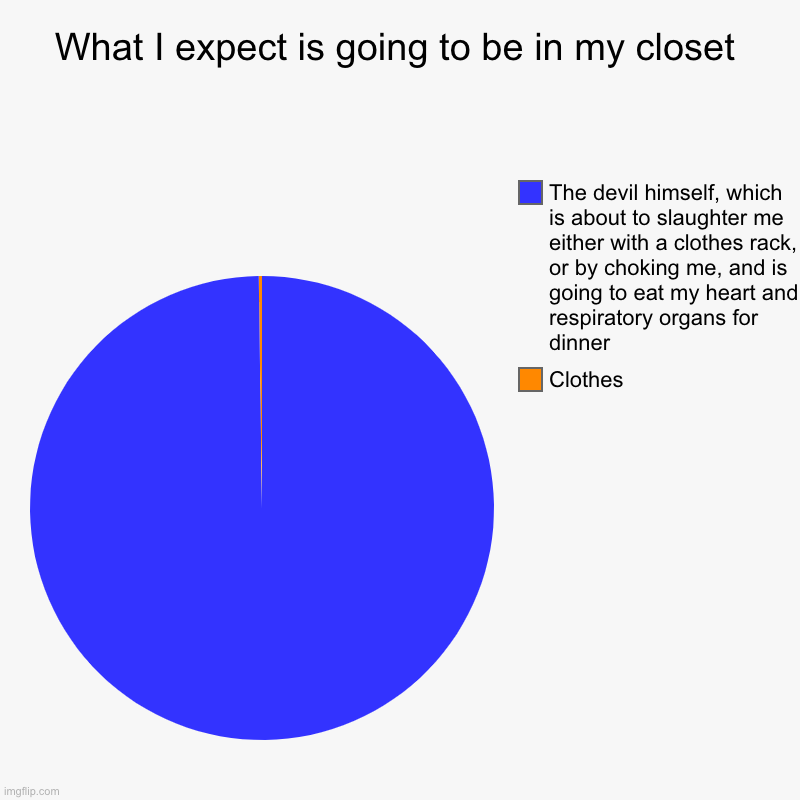 I somehow have this irrational fear at 13 years of age. | What I expect is going to be in my closet | Clothes, The devil himself, which is about to slaughter me either with a clothes rack, or by cho | image tagged in charts,pie charts | made w/ Imgflip chart maker