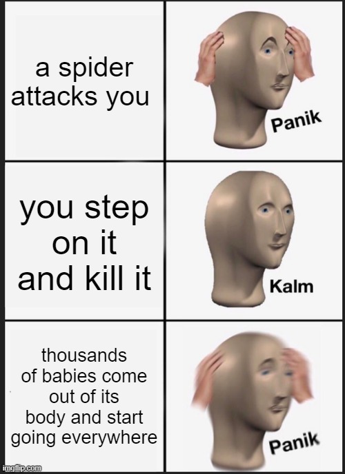 Panik Kalm Panik | a spider attacks you; you step on it and kill it; thousands of babies come out of its body and start going everywhere | image tagged in memes,panik kalm panik | made w/ Imgflip meme maker