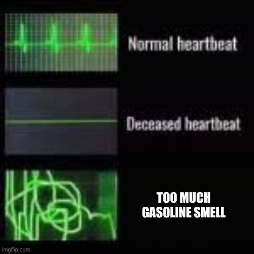 heart monitor | TOO MUCH GASOLINE SMELL | image tagged in heart monitor | made w/ Imgflip meme maker