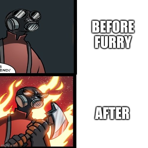 tf2 pyro mad | BEFORE FURRY AFTER | image tagged in tf2 pyro mad | made w/ Imgflip meme maker