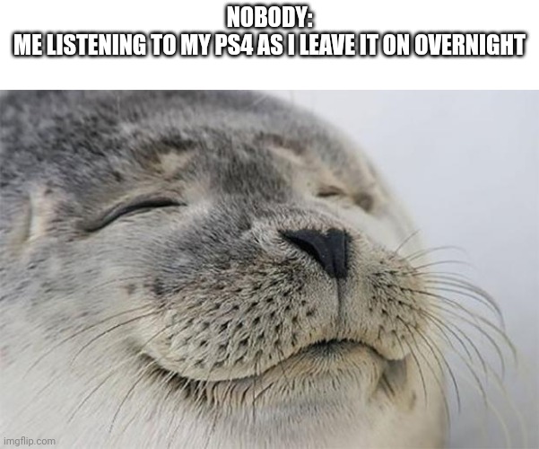 Satisfied Seal Meme | NOBODY:

ME LISTENING TO MY PS4 AS I LEAVE IT ON OVERNIGHT | image tagged in memes,satisfied seal,ps4,asmr | made w/ Imgflip meme maker
