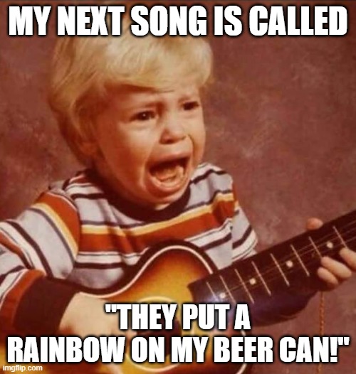 Guitar crying kid | MY NEXT SONG IS CALLED; "THEY PUT A RAINBOW ON MY BEER CAN!" | image tagged in guitar crying kid | made w/ Imgflip meme maker