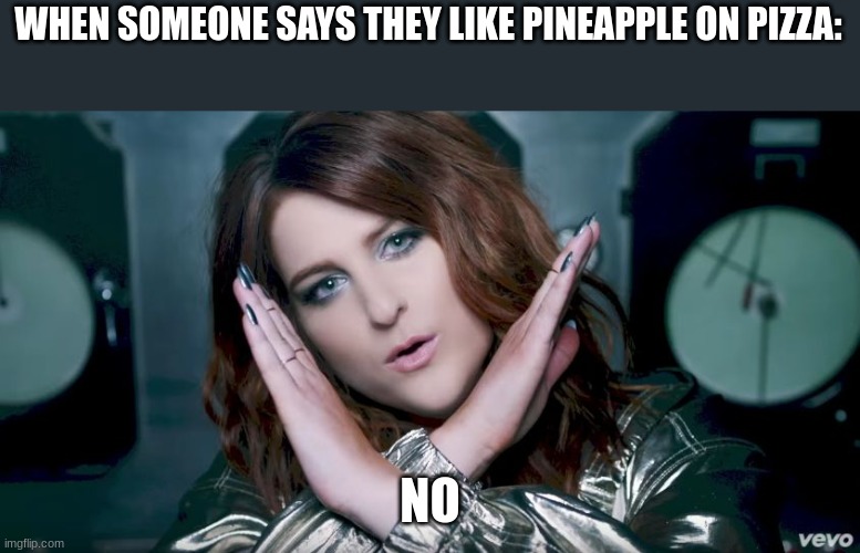 pienapple does not belong on pizza | WHEN SOMEONE SAYS THEY LIKE PINEAPPLE ON PIZZA:; NO | image tagged in meghan trainor no | made w/ Imgflip meme maker