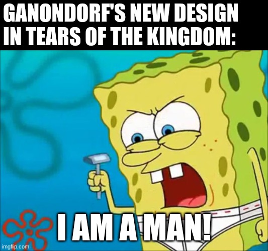 Even Video Game Villains Hit Puberty | GANONDORF'S NEW DESIGN IN TEARS OF THE KINGDOM:; I AM A MAN! | image tagged in i am a man,the legend of zelda,tears of the kingdom | made w/ Imgflip meme maker