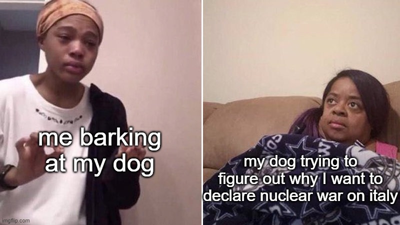 bark | me barking at my dog; my dog trying to figure out why I want to declare nuclear war on italy | image tagged in me explaining to my mom | made w/ Imgflip meme maker