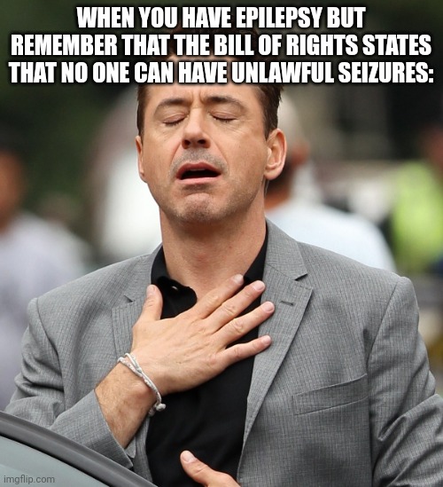 That's our ticket baby | WHEN YOU HAVE EPILEPSY BUT REMEMBER THAT THE BILL OF RIGHTS STATES THAT NO ONE CAN HAVE UNLAWFUL SEIZURES: | image tagged in relieved rdj | made w/ Imgflip meme maker