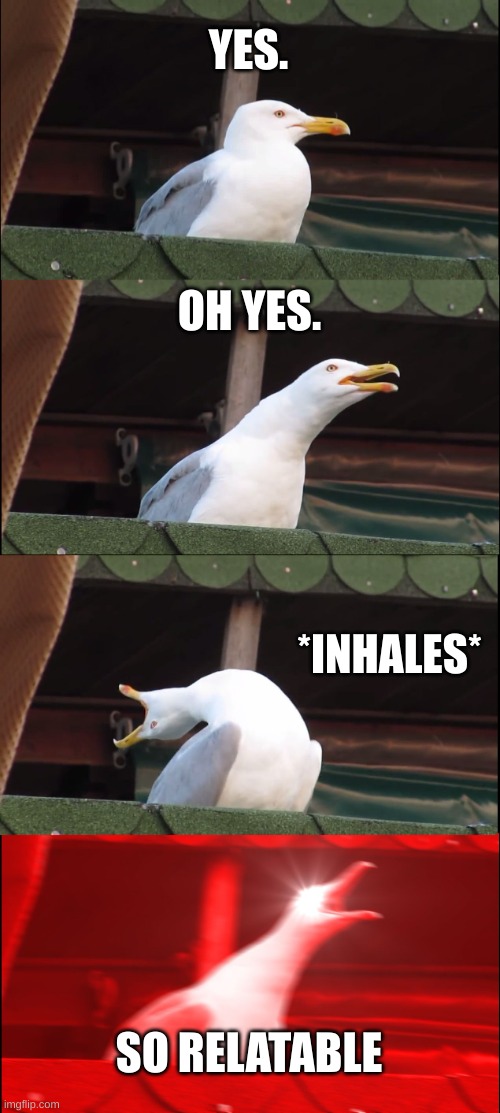 Inhaling Seagull Meme | YES. OH YES. *INHALES* SO RELATABLE | image tagged in memes,inhaling seagull | made w/ Imgflip meme maker