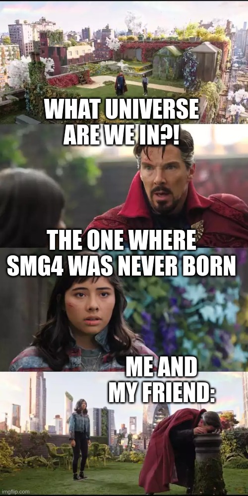 Nooooooooooooooooooooooooooooooooooooooooooooooooooooooooooo! | WHAT UNIVERSE ARE WE IN?! THE ONE WHERE SMG4 WAS NEVER BORN; ME AND MY FRIEND: | image tagged in what universe are we in,smg4 | made w/ Imgflip meme maker