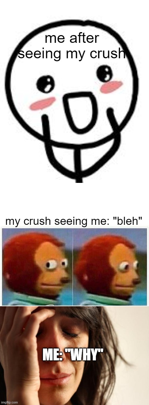 when i see meh crush | me after seeing my crush; my crush seeing me: "bleh"; ME: "WHY" | image tagged in blush,memes,monkey puppet,first world problems | made w/ Imgflip meme maker