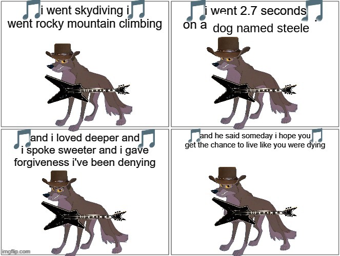 if balto can sing (redo) | dog named steele | image tagged in memes,blank comic panel 2x2,universal studios,wolves,country music | made w/ Imgflip meme maker