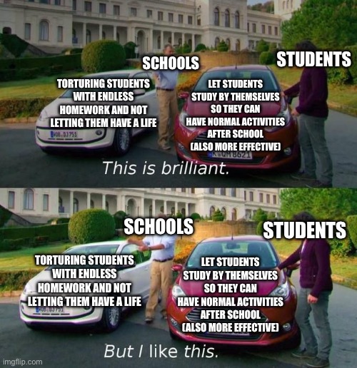 wHy iS tHiS sO tRuE | STUDENTS; SCHOOLS; TORTURING STUDENTS WITH ENDLESS HOMEWORK AND NOT LETTING THEM HAVE A LIFE; LET STUDENTS STUDY BY THEMSELVES SO THEY CAN HAVE NORMAL ACTIVITIES AFTER SCHOOL (ALSO MORE EFFECTIVE); SCHOOLS; STUDENTS; TORTURING STUDENTS WITH ENDLESS HOMEWORK AND NOT LETTING THEM HAVE A LIFE; LET STUDENTS STUDY BY THEMSELVES SO THEY CAN HAVE NORMAL ACTIVITIES AFTER SCHOOL (ALSO MORE EFFECTIVE) | image tagged in this is brilliant but i like this | made w/ Imgflip meme maker