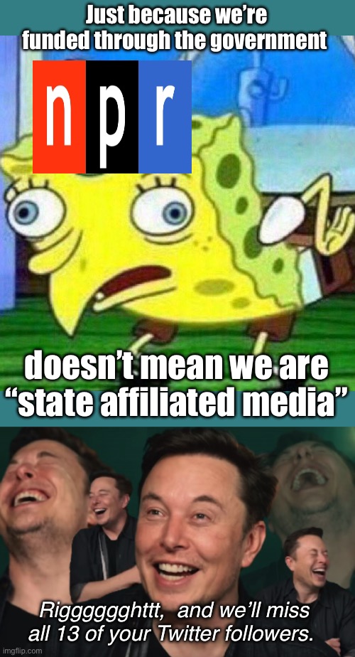How dare he. | Just because we’re funded through the government; doesn’t mean we are “state affiliated media”; Rigggggghttt,  and we’ll miss all 13 of your Twitter followers. | image tagged in triggerpaul,elon musk laughing,politics lol,memes | made w/ Imgflip meme maker
