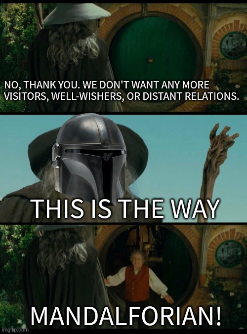 Lord of the Rings Crossover With Star Wars | NO, THANK YOU. WE DON'T WANT ANY MORE VISITORS, WELL-WISHERS, OR DISTANT RELATIONS. THIS IS THE WAY; MANDALFORIAN! | image tagged in gandalf | made w/ Imgflip meme maker