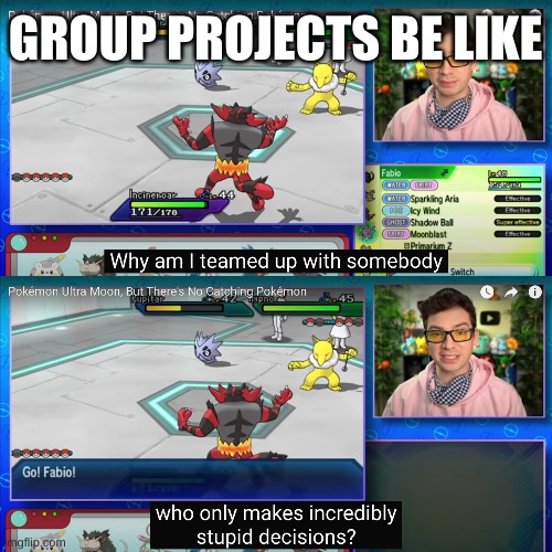 incredibly stupid decisions | GROUP PROJECTS BE LIKE | image tagged in incredibly stupid decisions | made w/ Imgflip meme maker