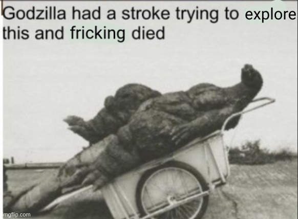 Godzilla had a stroke trying to read this and fricking died | explore | image tagged in godzilla had a stroke trying to read this and fricking died | made w/ Imgflip meme maker