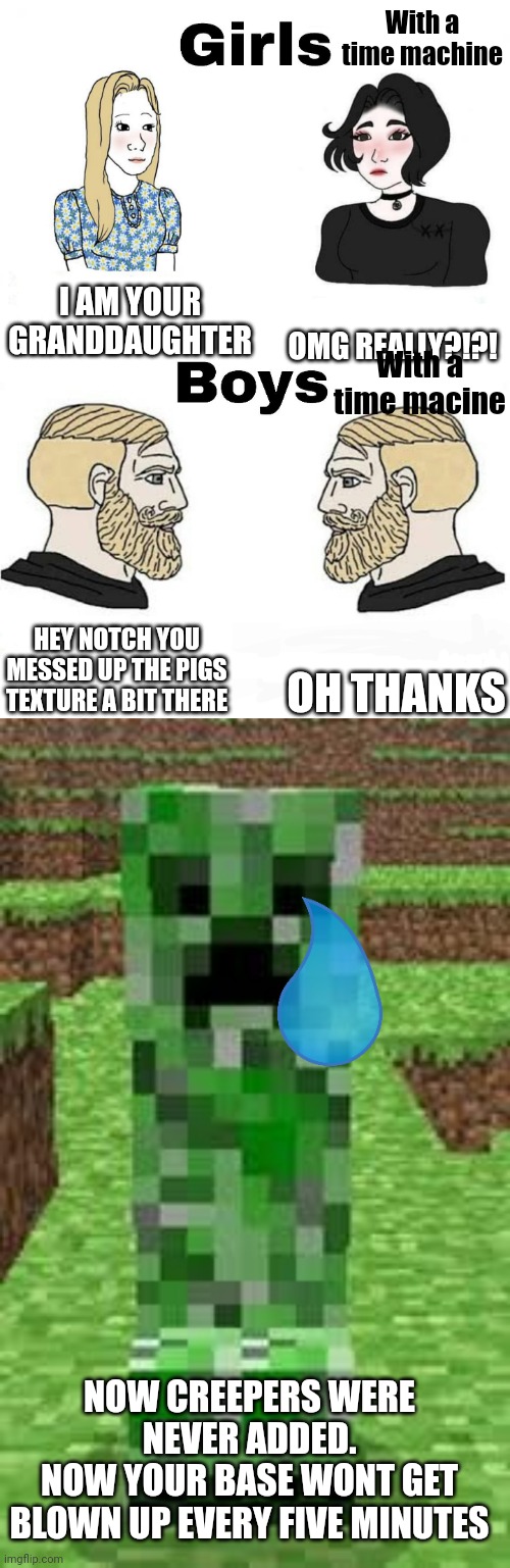 With a time machine; I AM YOUR GRANDDAUGHTER; OMG REALLY?!?! With a time macine; OH THANKS; HEY NOTCH YOU MESSED UP THE PIGS TEXTURE A BIT THERE; NOW CREEPERS WERE NEVER ADDED.
NOW YOUR BASE WONT GET BLOWN UP EVERY FIVE MINUTES | image tagged in girls vs boys,creeper | made w/ Imgflip meme maker