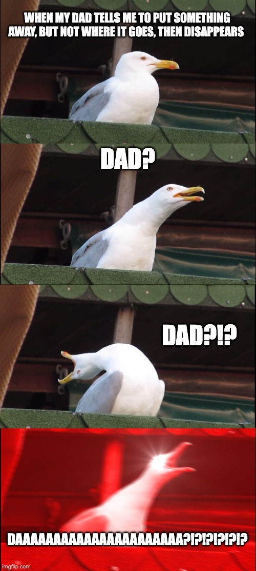 This has happened to me before... | WHEN MY DAD TELLS ME TO PUT SOMETHING AWAY, BUT NOT WHERE IT GOES, THEN DISAPPEARS; DAD? DAD?!? DAAAAAAAAAAAAAAAAAAAAAA?!?!?!?!?!? | image tagged in memes,inhaling seagull | made w/ Imgflip meme maker
