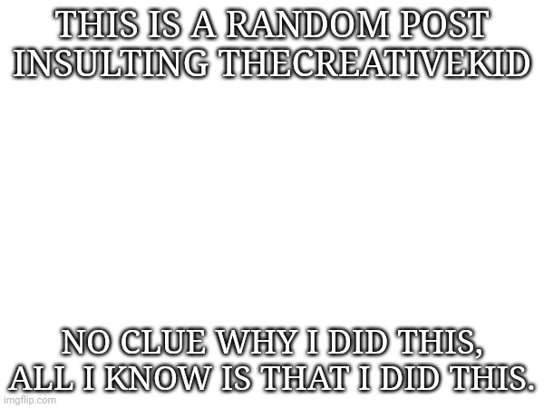 [Insert something offensive to TheCreativeKid here.] | THIS IS A RANDOM POST INSULTING THECREATIVEKID; NO CLUE WHY I DID THIS, ALL I KNOW IS THAT I DID THIS. | made w/ Imgflip meme maker