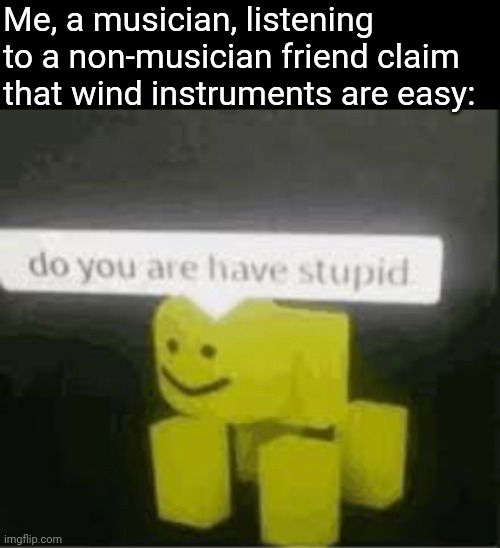 Wind instruments are harder than most percussion instruments by far, except piano | Me, a musician, listening to a non-musician friend claim that wind instruments are easy: | image tagged in do you are have stupid,memes,challenge,music,instruments,band | made w/ Imgflip meme maker
