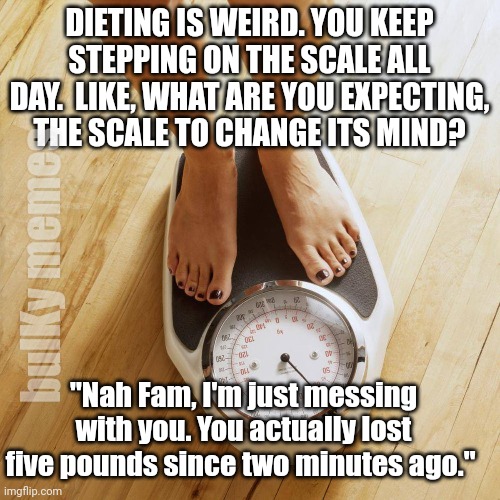 Dieting is weird | DIETING IS WEIRD. YOU KEEP STEPPING ON THE SCALE ALL DAY.  LIKE, WHAT ARE YOU EXPECTING, THE SCALE TO CHANGE ITS MIND? bulKy memes; "Nah Fam, I'm just messing with you. You actually lost five pounds since two minutes ago." | image tagged in scale,weight loss,workout | made w/ Imgflip meme maker