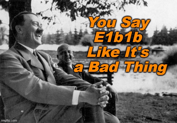You Say  E1b1b  Like It's  a Bad Thing | You Say 
E1b1b 
Like It's 
a Bad Thing | image tagged in adolf hitler laughing | made w/ Imgflip meme maker