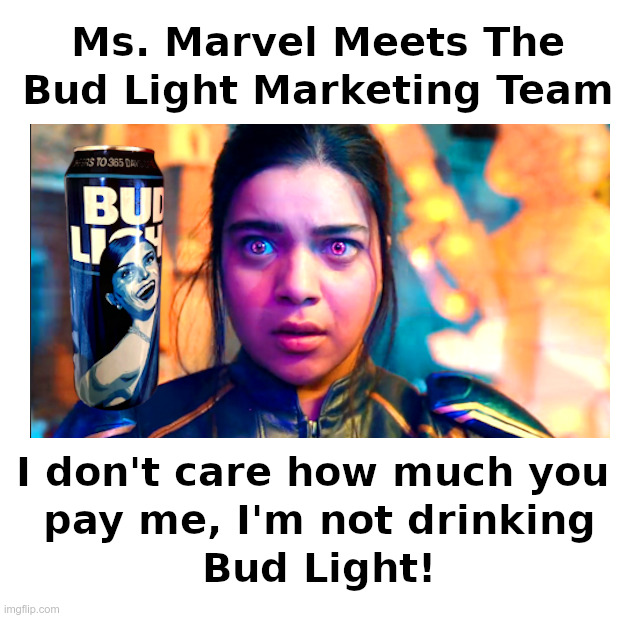 Ms. Marvel Meets The Bud Light Marketing Team | image tagged in ms marvel,bud light,it's not gonna happen,get woke go broke | made w/ Imgflip meme maker