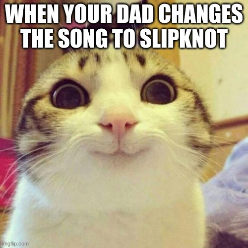 just me? | WHEN YOUR DAD CHANGES THE SONG TO SLIPKNOT | image tagged in memes,smiling cat | made w/ Imgflip meme maker