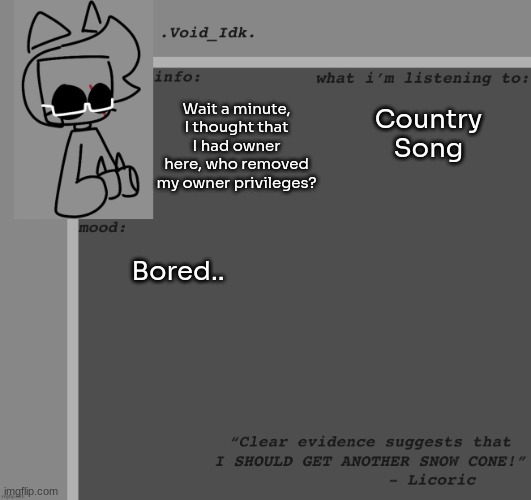 Istg if it was Funner who did it- | Wait a minute, I thought that I had owner here, who removed my owner privileges? Country Song; Bored.. | image tagged in void_idk 's announcement template thanks yoine,idk,stuff,s o u p,carck | made w/ Imgflip meme maker